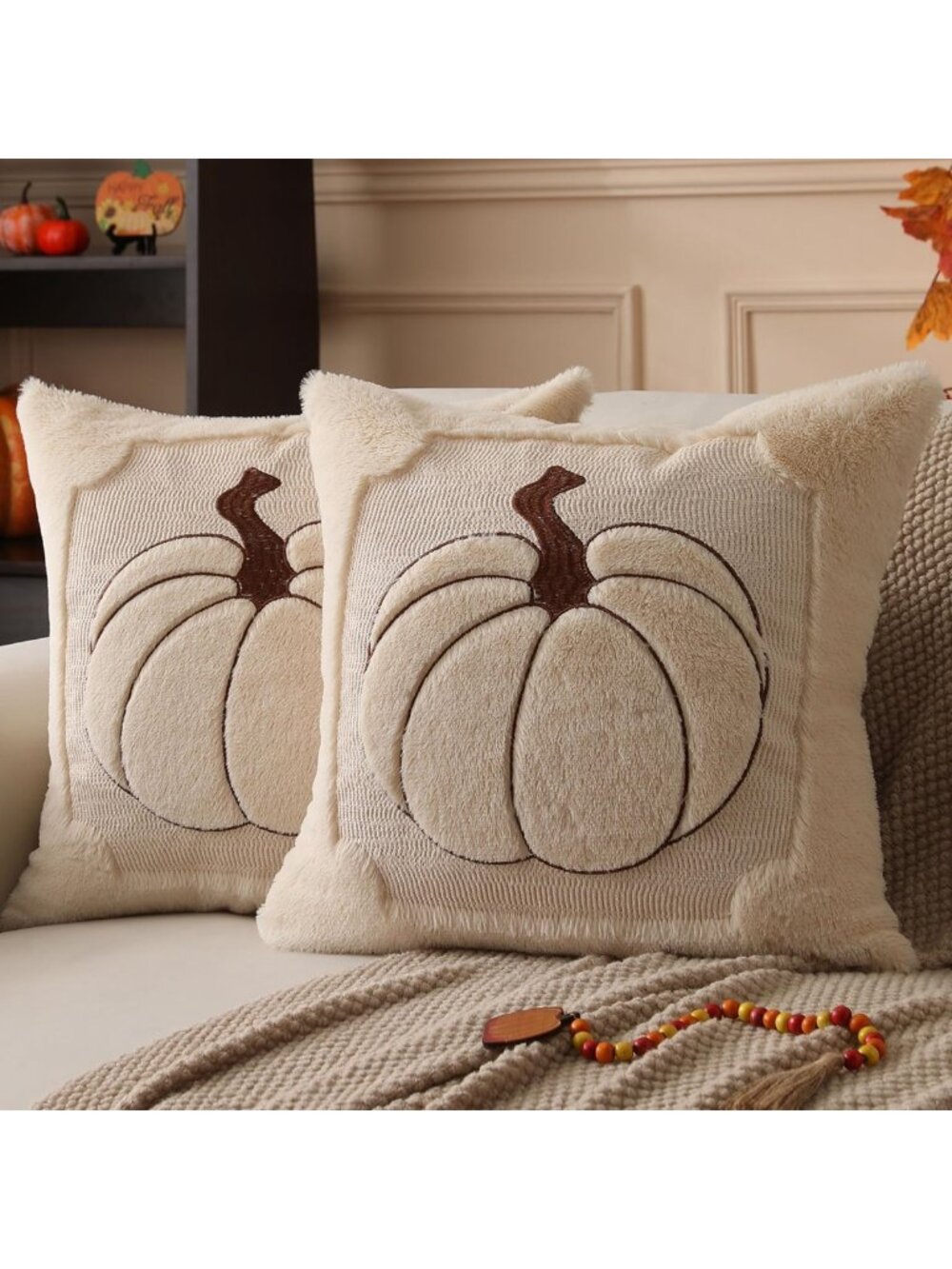 Cozy Fall Pumpkin Pillow Covers 16x16 - Set of 2 Beige Home Decor Accent